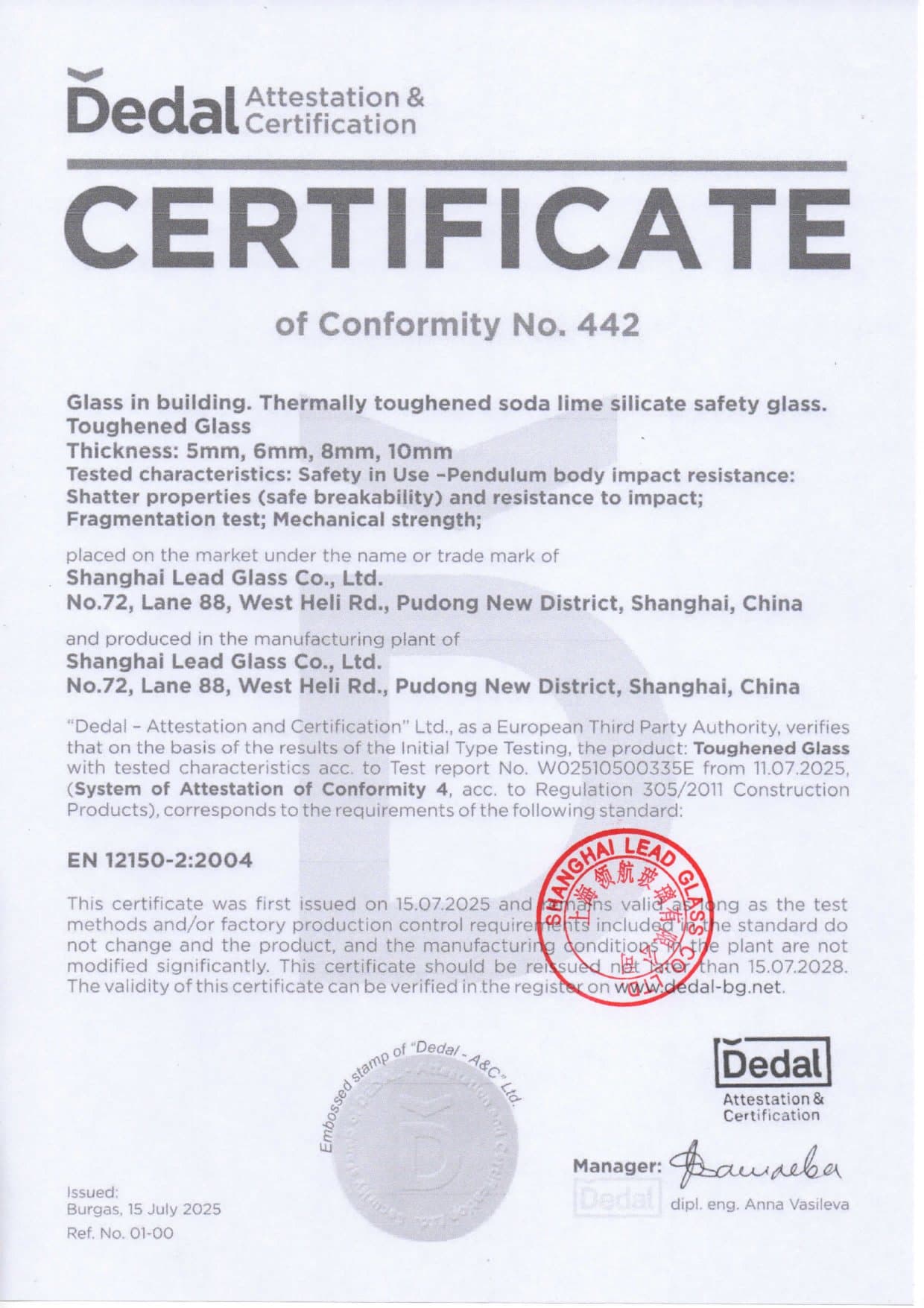 CE Certificate — Toughened Safety Glass — first page