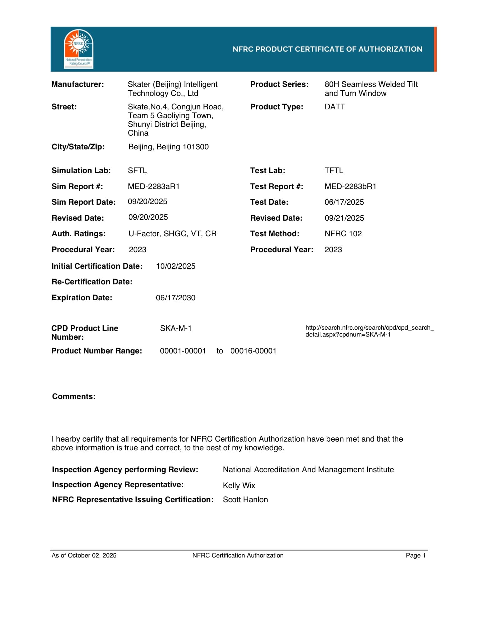 NFRC Product Certificate of Authorization — first page